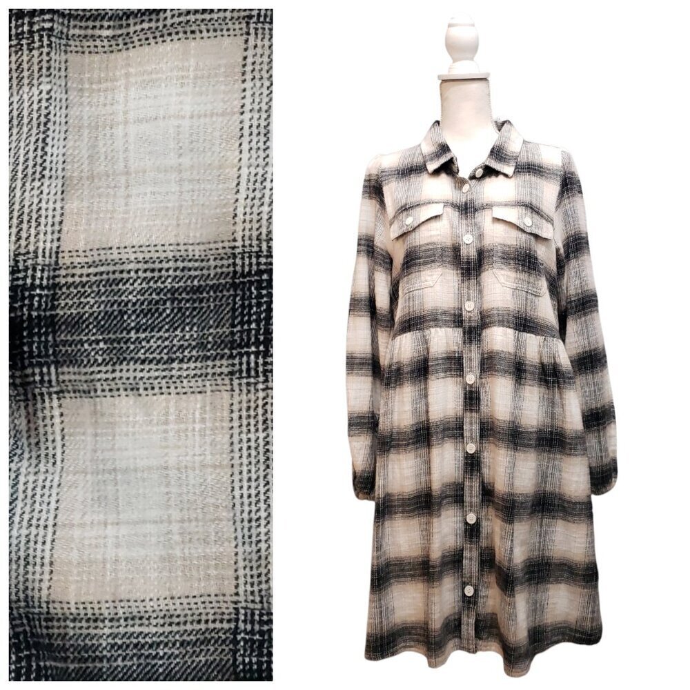 American Eagle Women's Long Sleeve Plaid Dress Size L Beige Black